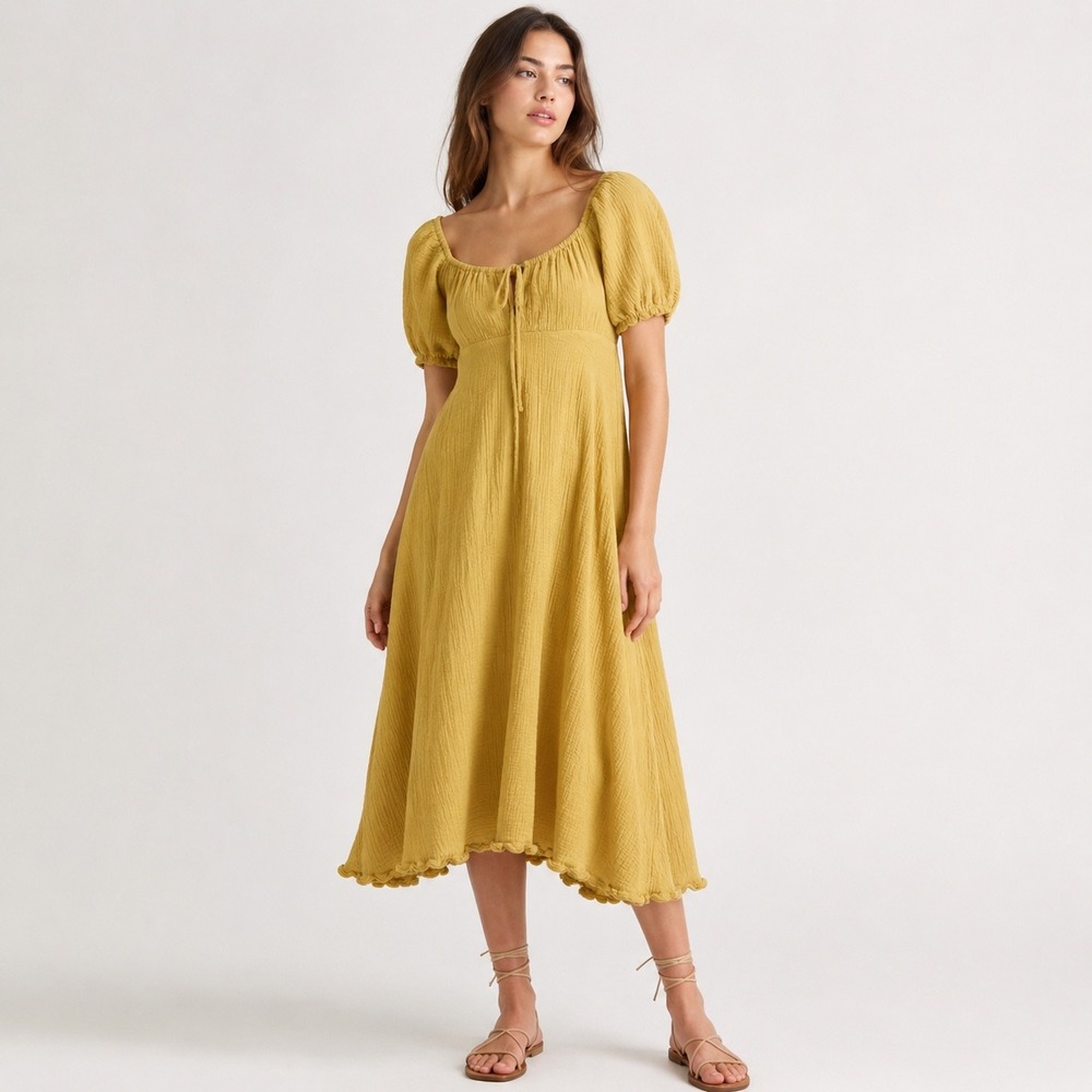 Solai Maxi Dress Mustard Yellow L Cottagecore Boho Peasant Empire Waist Textured